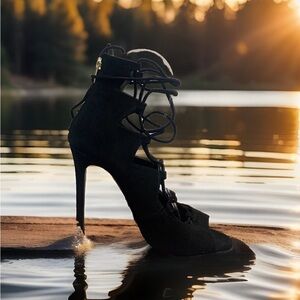 ◼️ Aldo Miroiwen Women’s US 6.5 EU 37 Black Suede Lace Up Open Toe 4” Stilettos